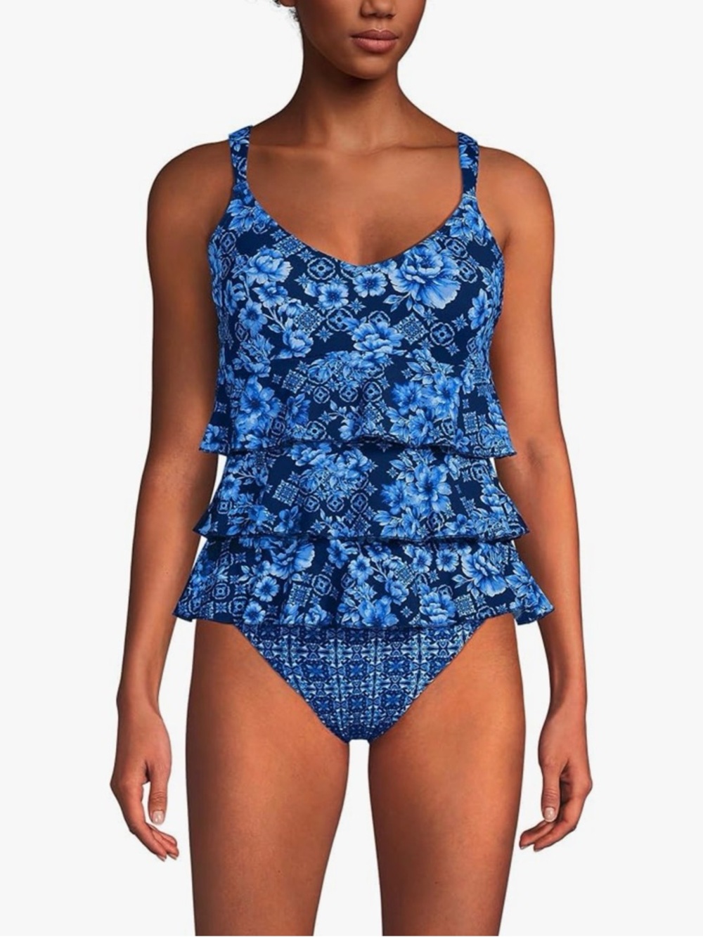 NWT Lands End Smoothing Control Ruffle Fauxkini 1 Piece Swimsuit Navy Floral 8L - Picture 3 of 15